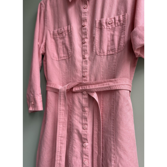 LL Bean Linen Cotton Belted Button Front Shirt Dress Pink Roll Tab Sleeves XL P - Picture 9 of 16